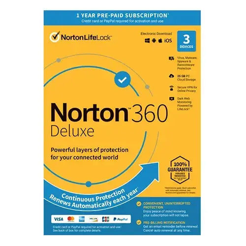 Norton 360 Deluxe 1 year 3 Devices 25 GB Cloud Storage.