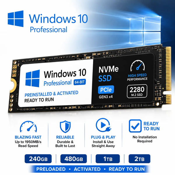 Preinstalowany dysk SSD M.2 o pojemności 240 GB, 480 GB i 1 TB z systemem Microsoft Windows 10 Professional gotowy do uruchomienia